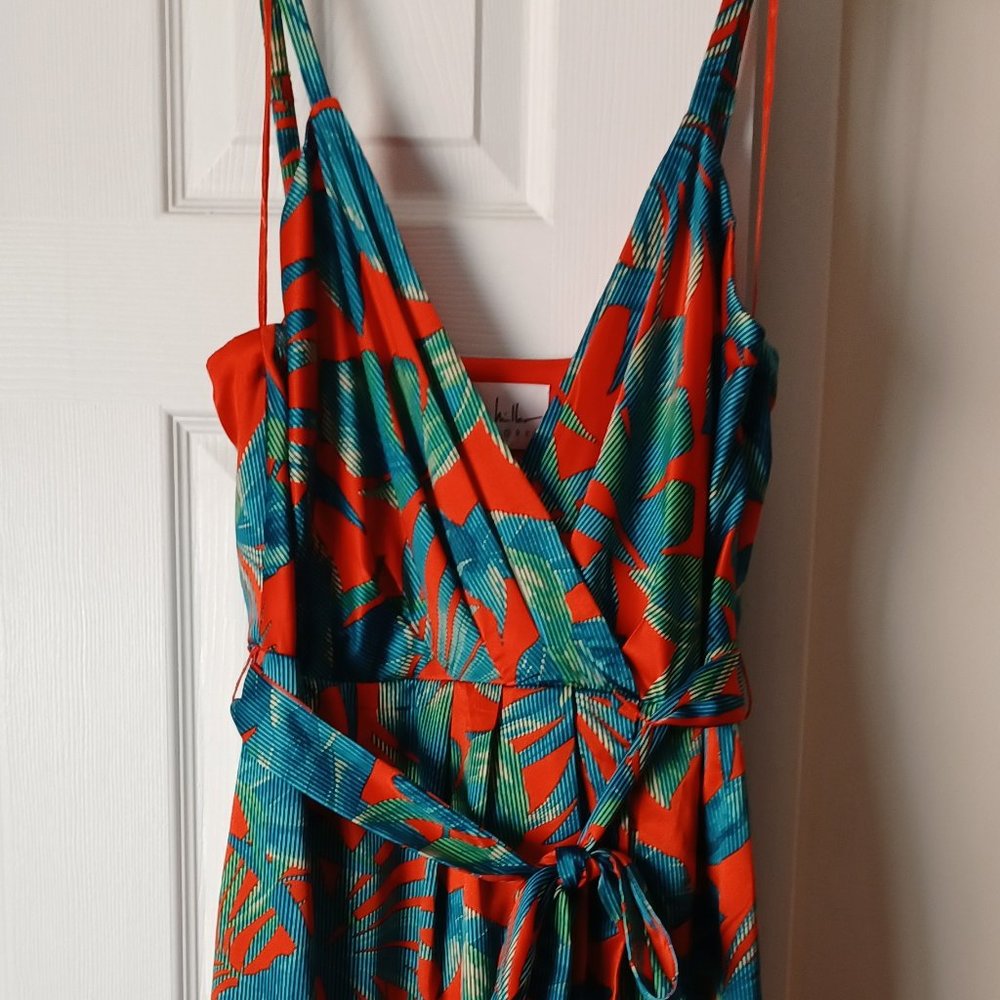 Nicole Miller polyester/spandex orange/green/teal sleeveless dress